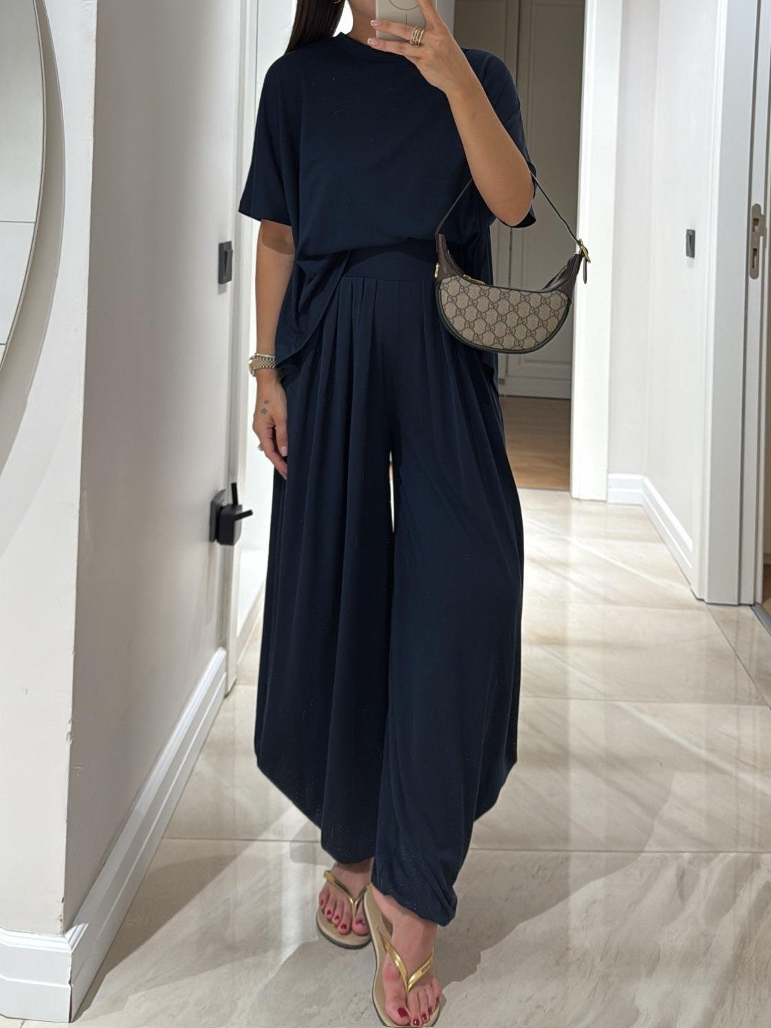 Light Casual Top and Wide-leg Pants Set